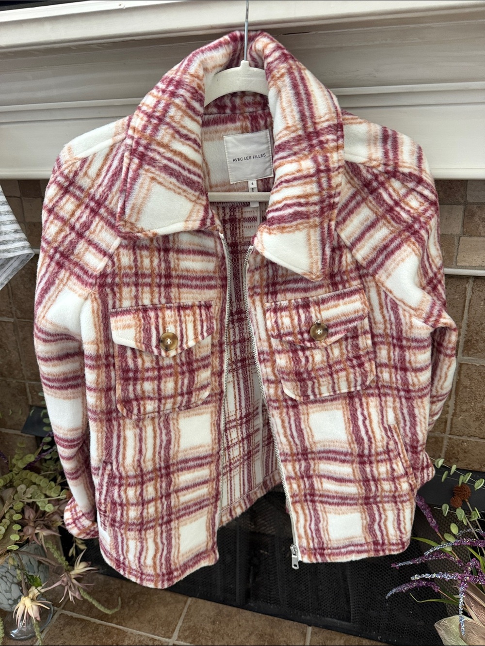 Avec les filles shacket plaid fuzzy jacket shirt zip small